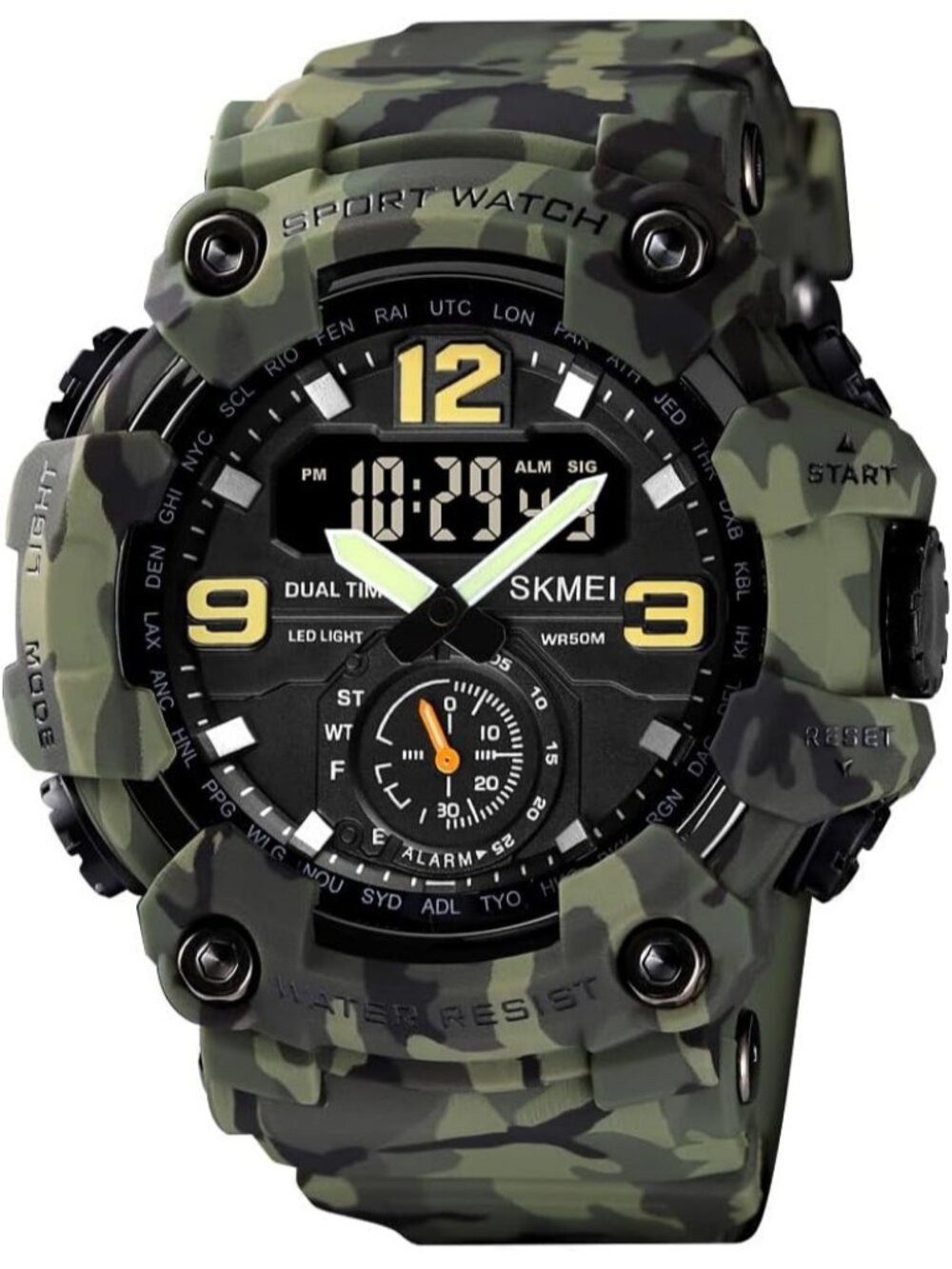 Men's Camouflage Green Analog Digital Sport Military Dual Display 50M LED Watch